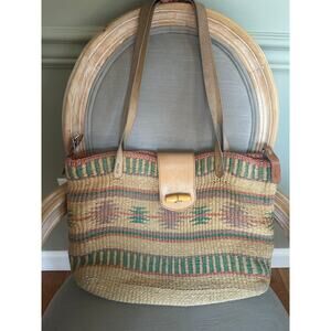 Vintage Sisal jute Market Tote Raffia Bucket Bag Purse Handbag Leather Straps